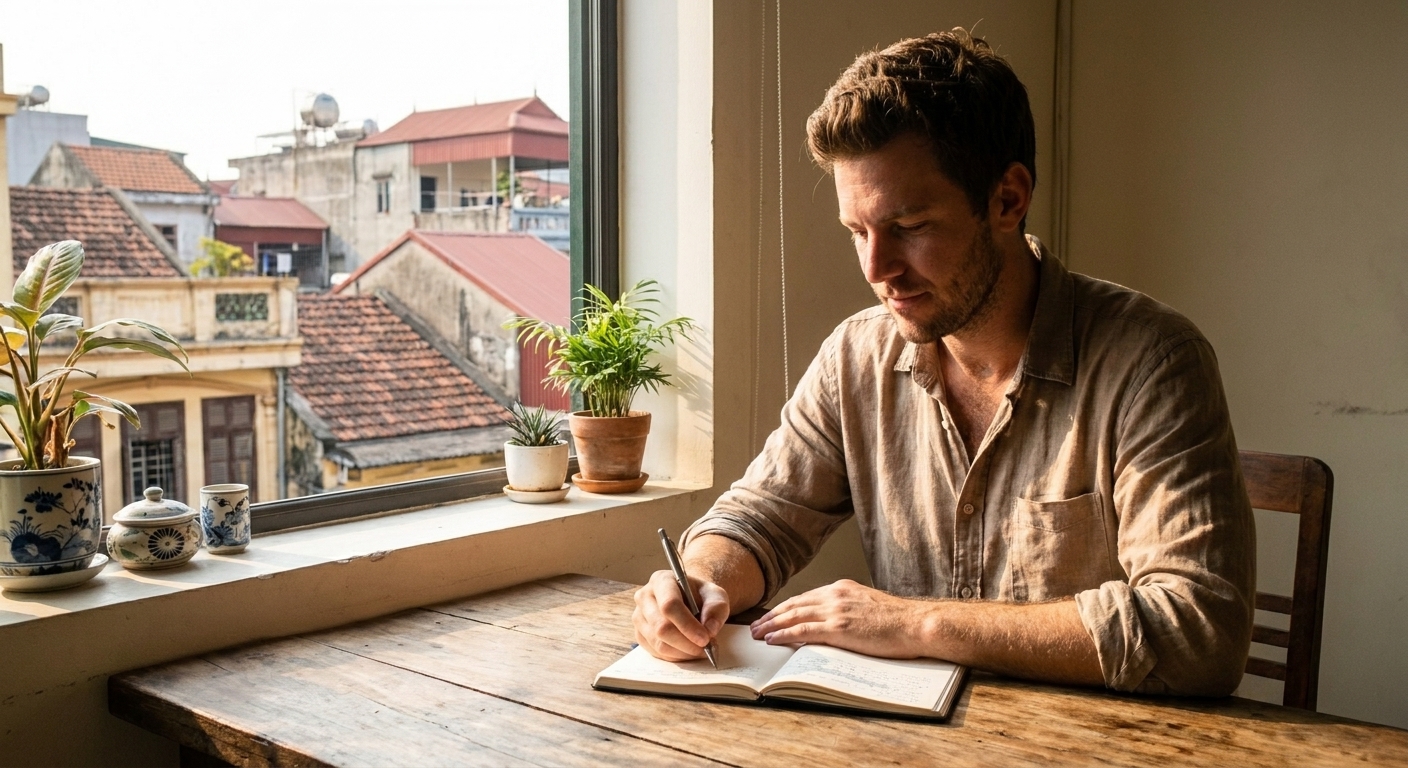 Jake Morrison writing in his Hanoi apartment