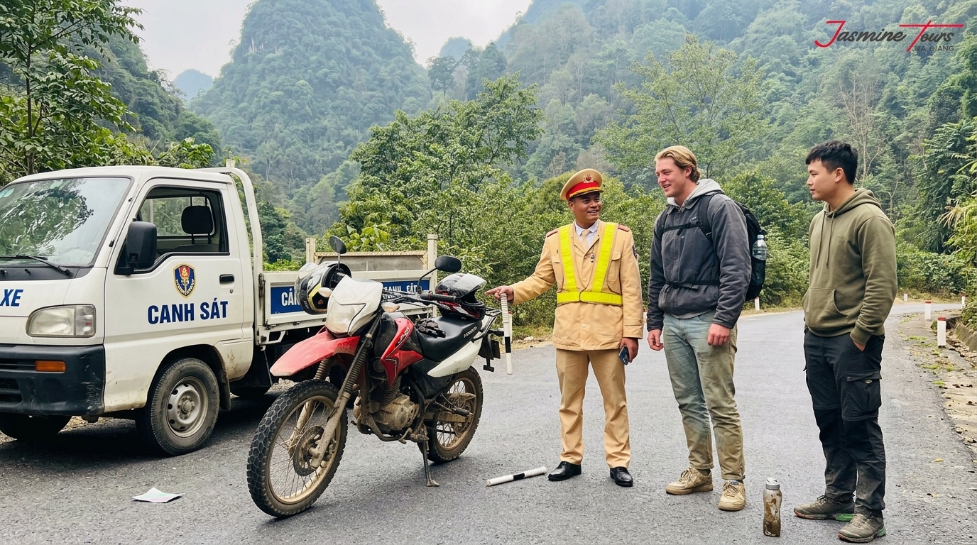police checkpoint ha giang loop document check motorbike rider — vietnam unlock