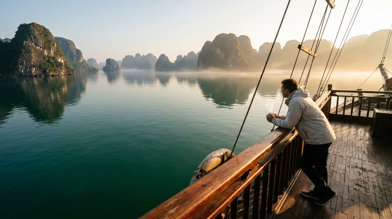 Ha Long Bay limestone karsts at sunrise from cruise boat — Vietnam Unlock