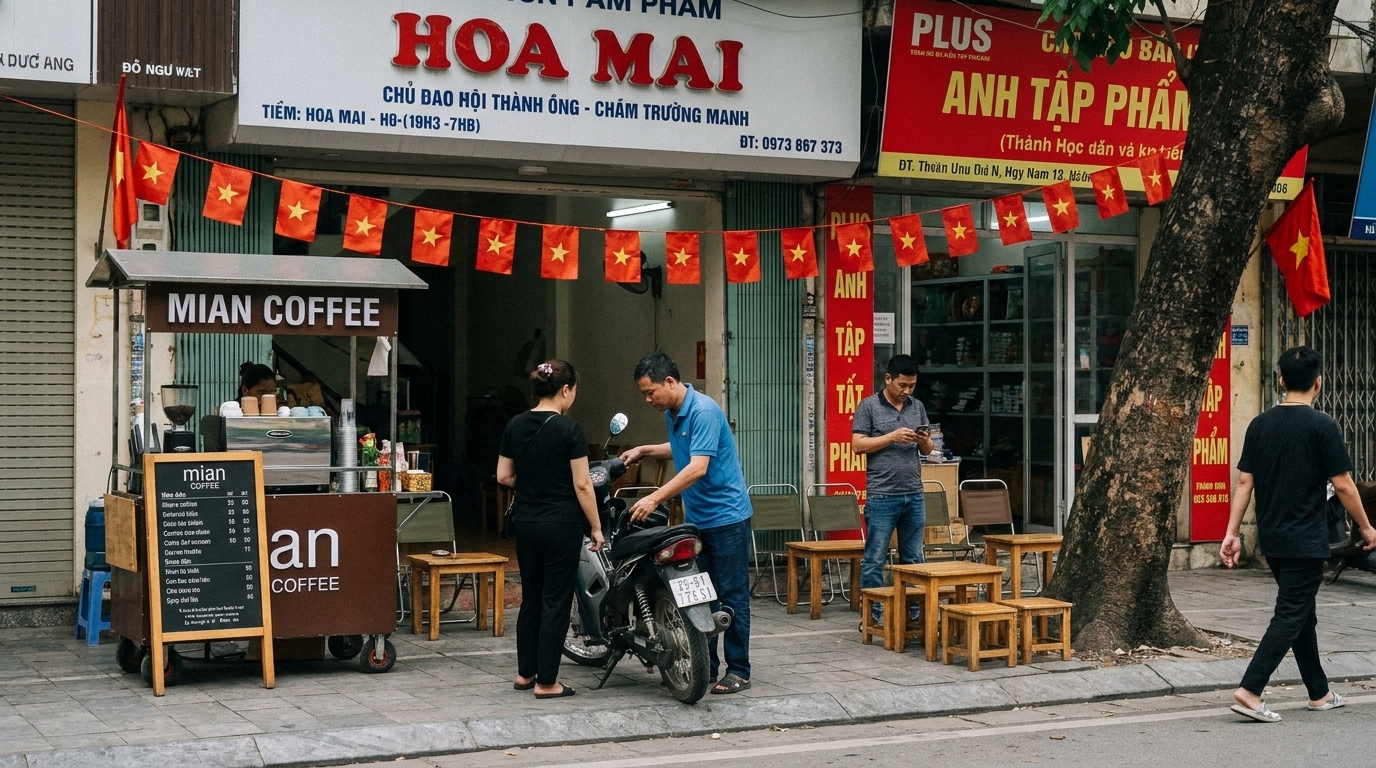 nguyen huu huan street hanoi old quarter local cafe plastic stools morning