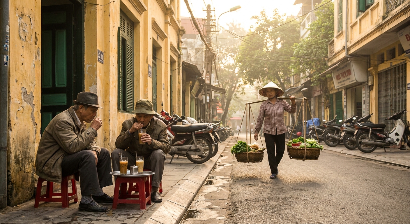 Hanoi Old Quarter morning street — plastic stools, coffee, locals — Vietnam Unlock