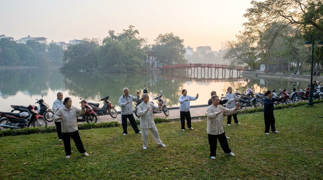 elderly Hanoians doing tai chi at Hoan Kiem Lake 6am Hanoi — vietnam unlock