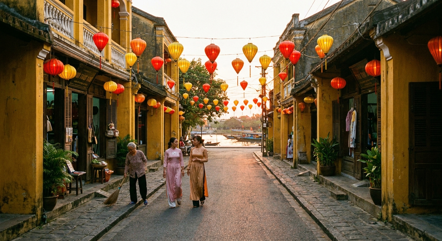 Hoi An Ancient Town at dusk — yellow walls, silk lanterns, Thu Bon River — Vietnam Unlock