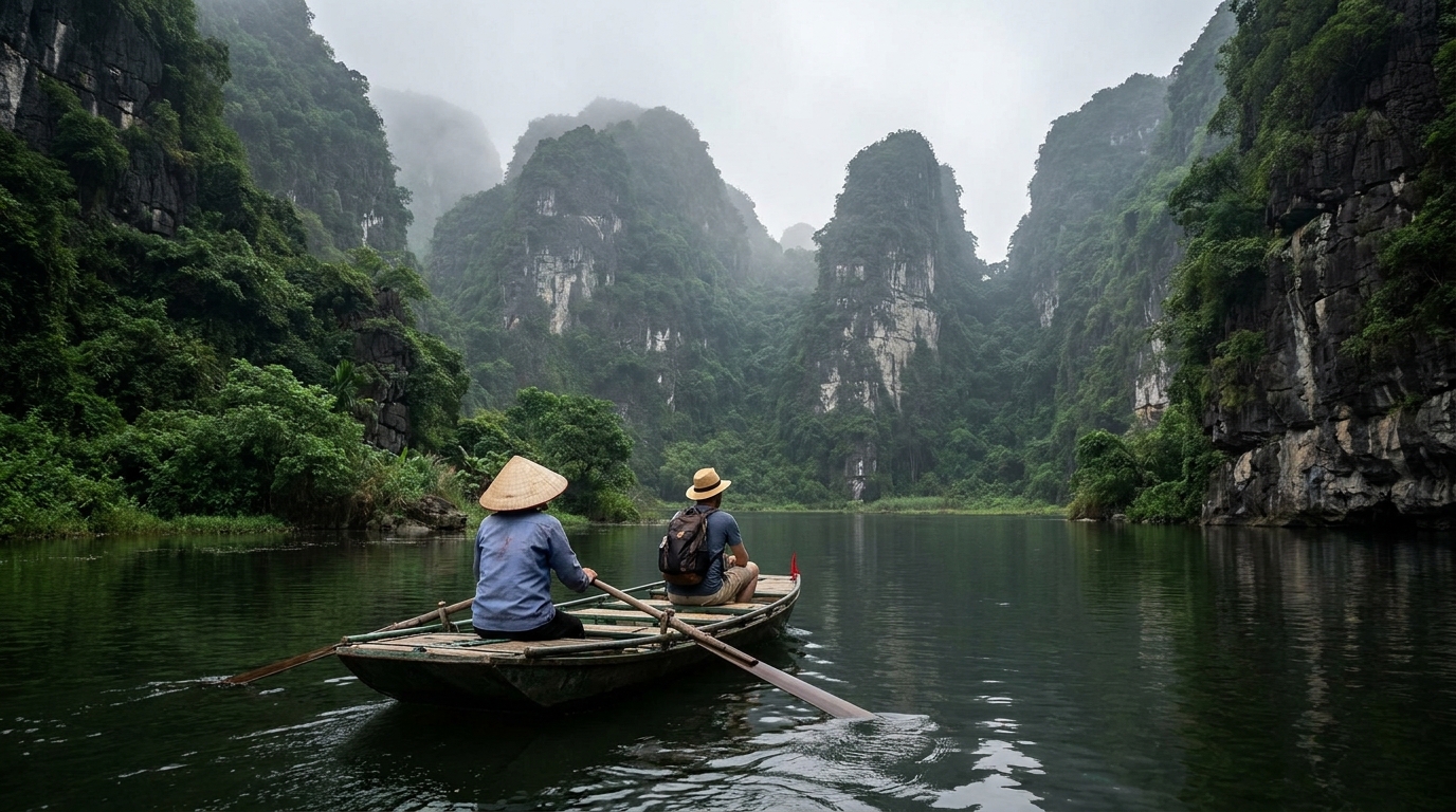 Ninh Binh Trang An boat tour — rowing through limestone karsts — Vietnam Unlock