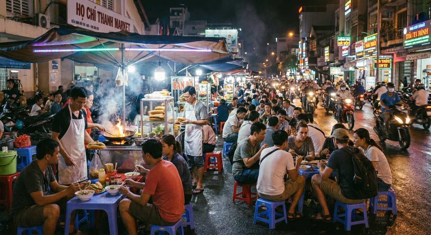 Saigon Ho Chi Minh City street food stalls at night — plastic stools — Vietnam Unlock