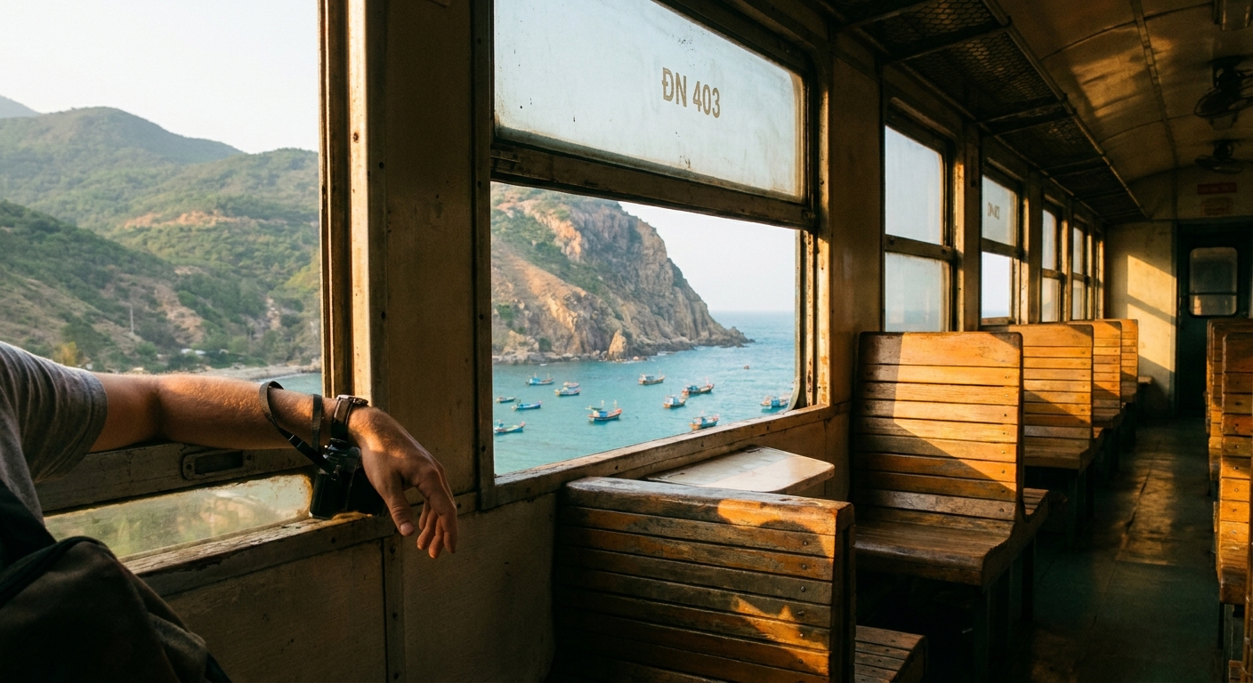 Vietnam Reunification Express train — coastal scenery between Da Nang and Hue — Vietnam Unlock