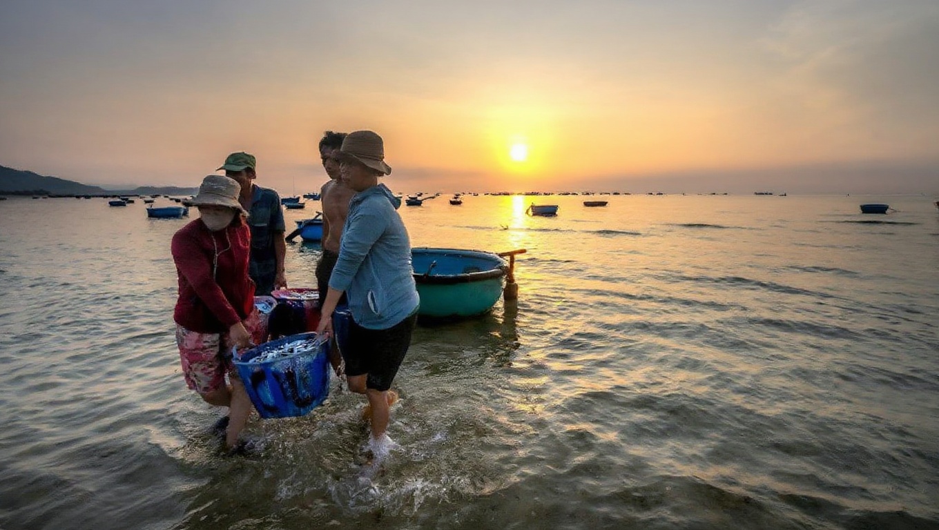 Morning at An Bang — basket boats from the local fishing village head out before the beach crowds arrive