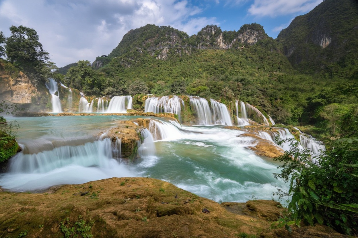 Ban Gioc at full flow — three tiers, two countries, one border that gets stranger the longer you look at it