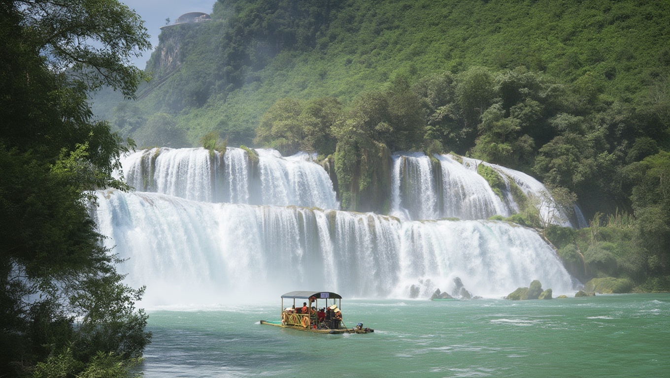 The bamboo raft gets you to within 50 meters of the falls — close enough to stop talking