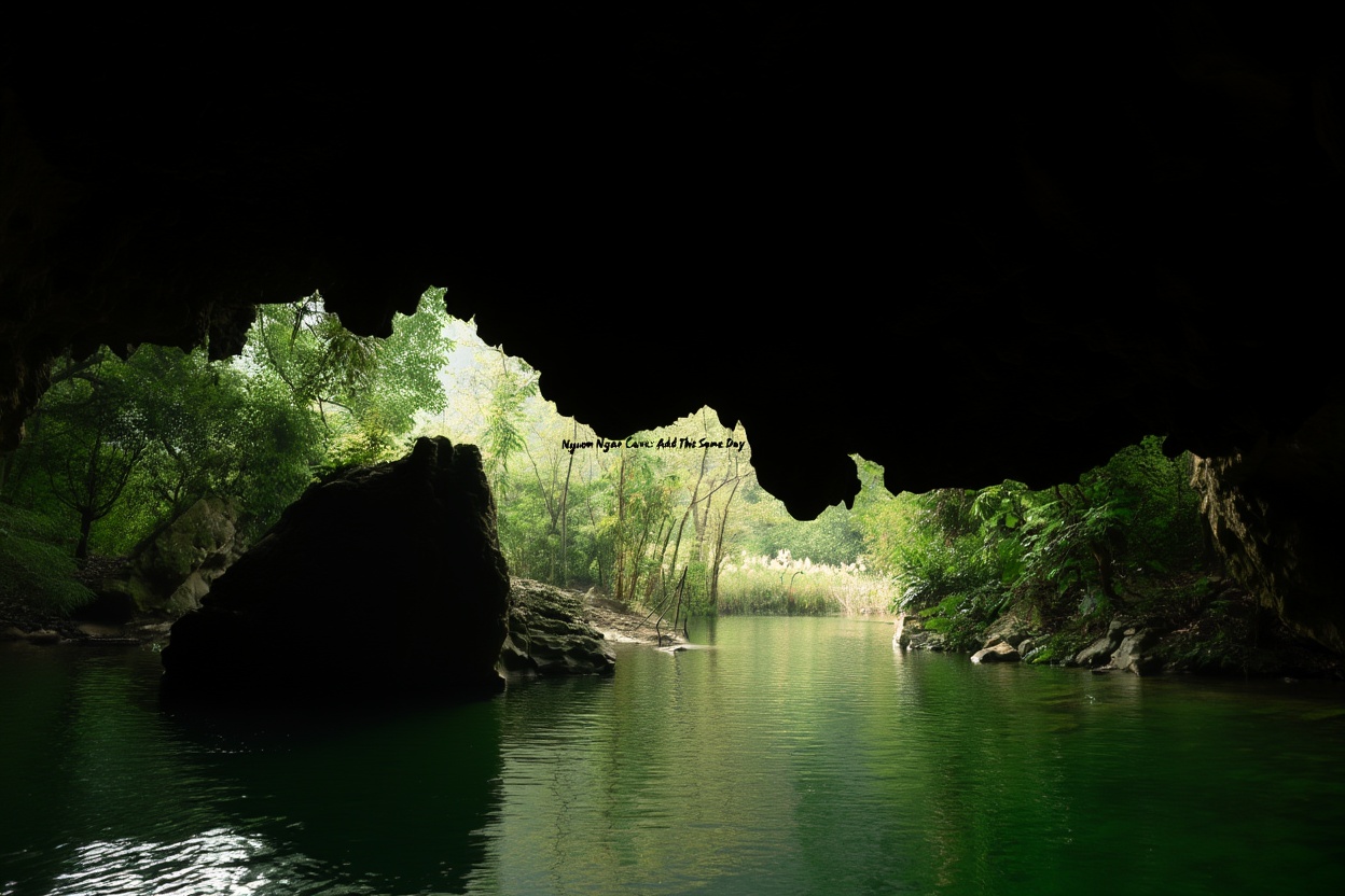 Nguom Ngao's entrance is carved into the karst cliff face — the cool air hits before you're fully inside