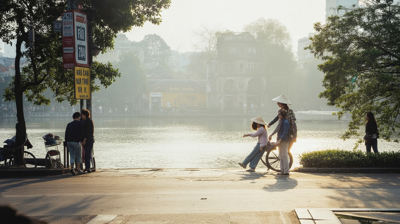 Hoan Kiem Lake at dawn, Hanoi, with locals doing tai chi
