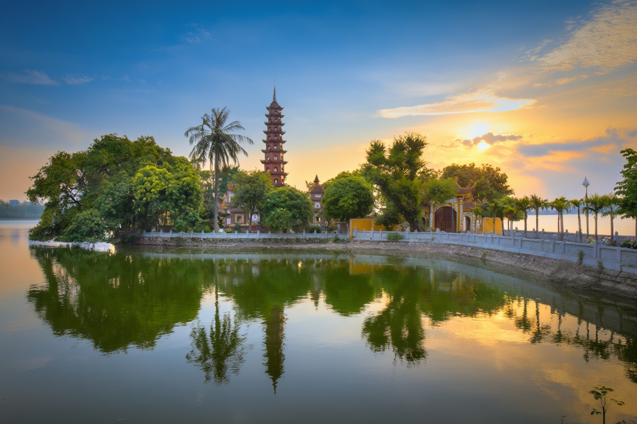 Tran Quoc Pagoda West Lake Hanoi at golden hour