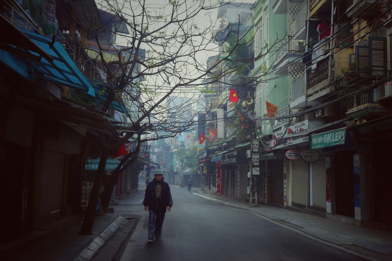 Old Quarter Hanoi street with traditional tube houses and local motorbike traffic