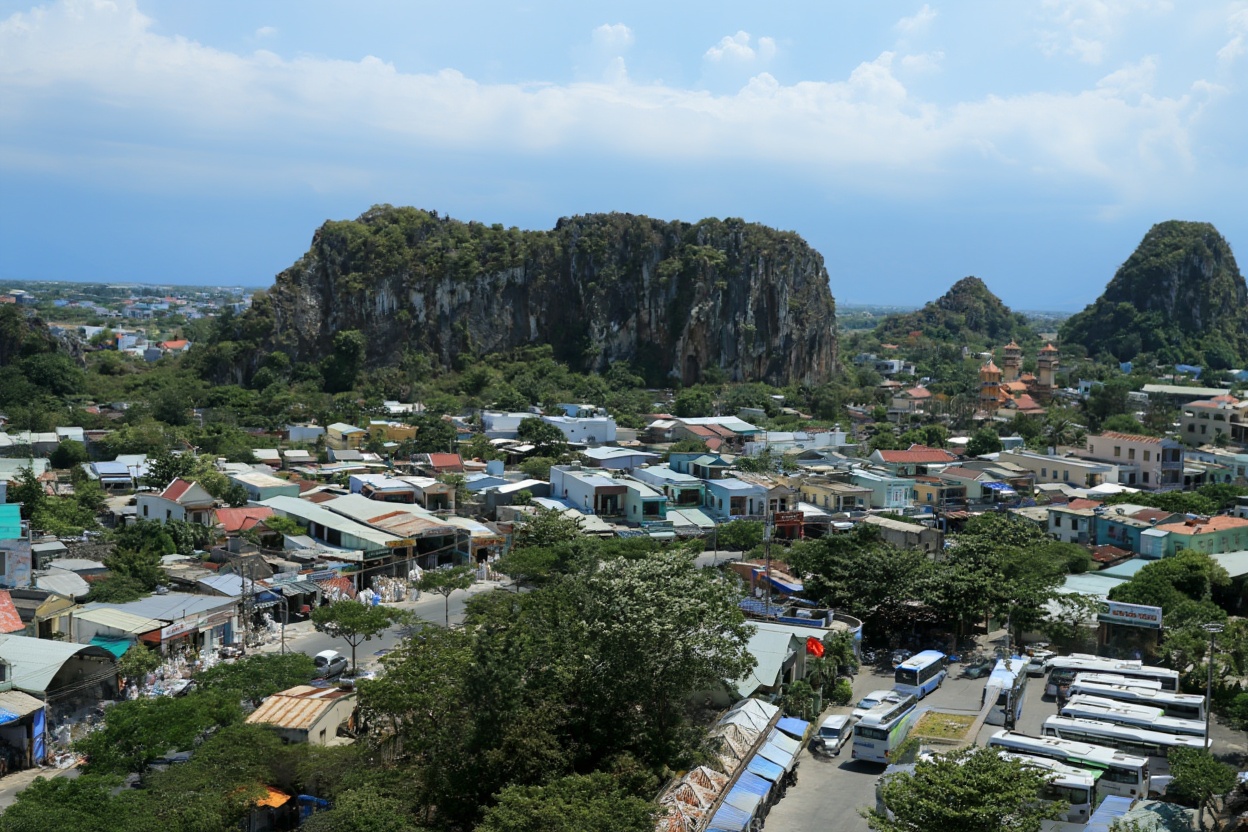 The Marble Mountains from the coastal plain — five hills, Thuy Son is the one to visit