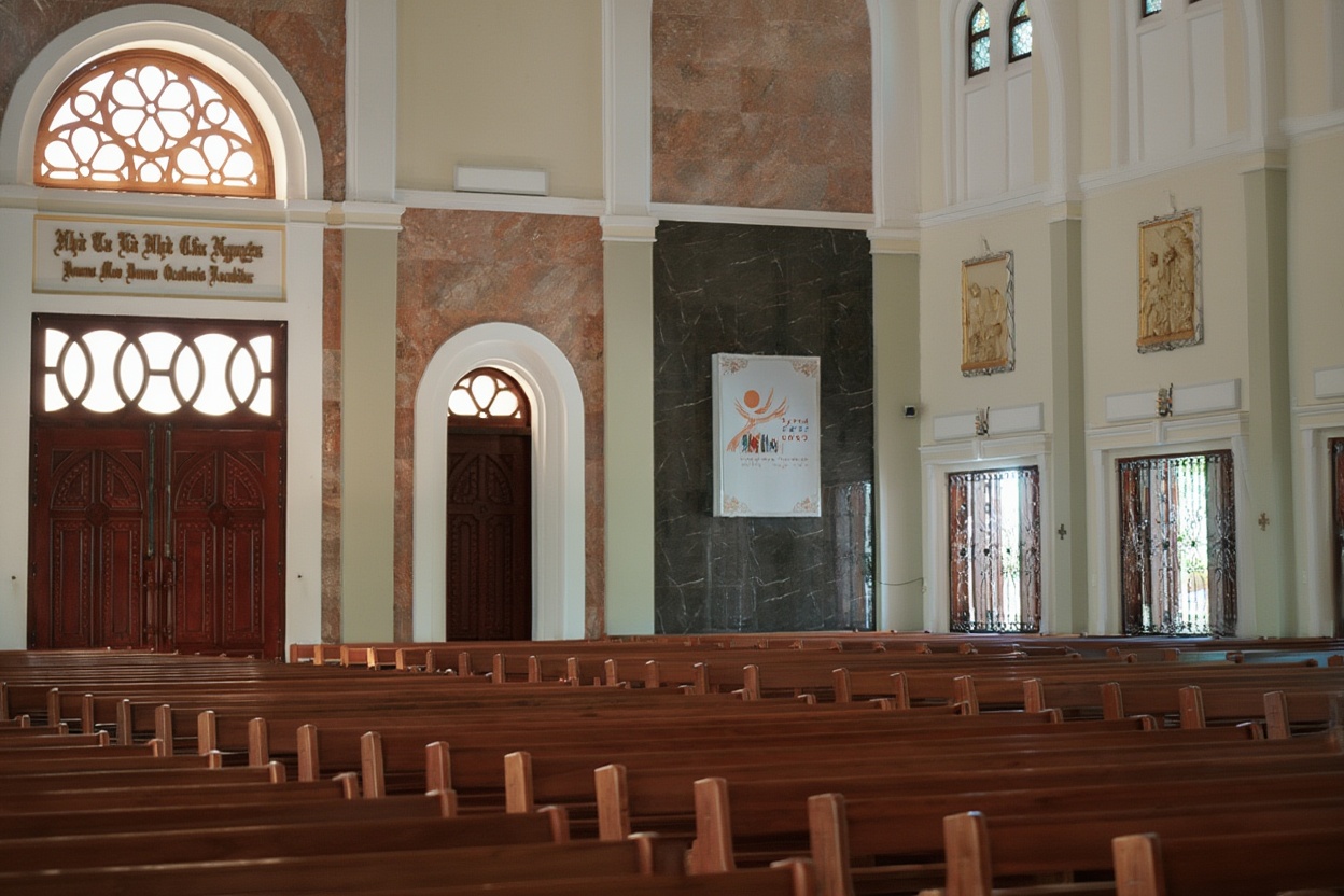Inside — wooden pews, pale walls, stained glass from Grenoble imported in 1923