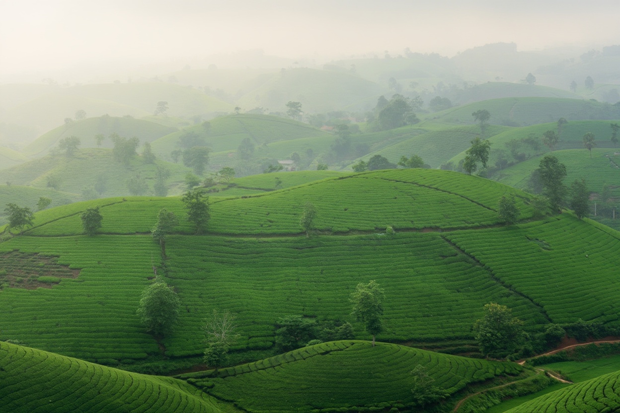 Cau Dat plantation — the rows run to the horizon, workers start before the mist lifts