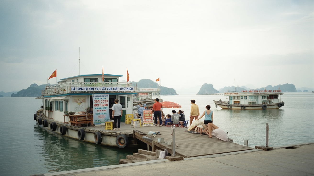 Ha Long Bay cruise terminal at noon — every boat leaving at the same time