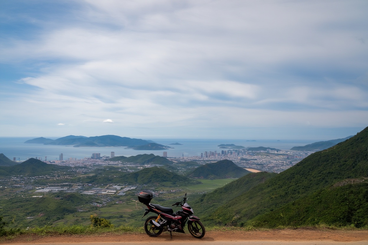 Looking down toward Da Nang Bay from the upper section of Hai Van Pass — still the best view on the coast