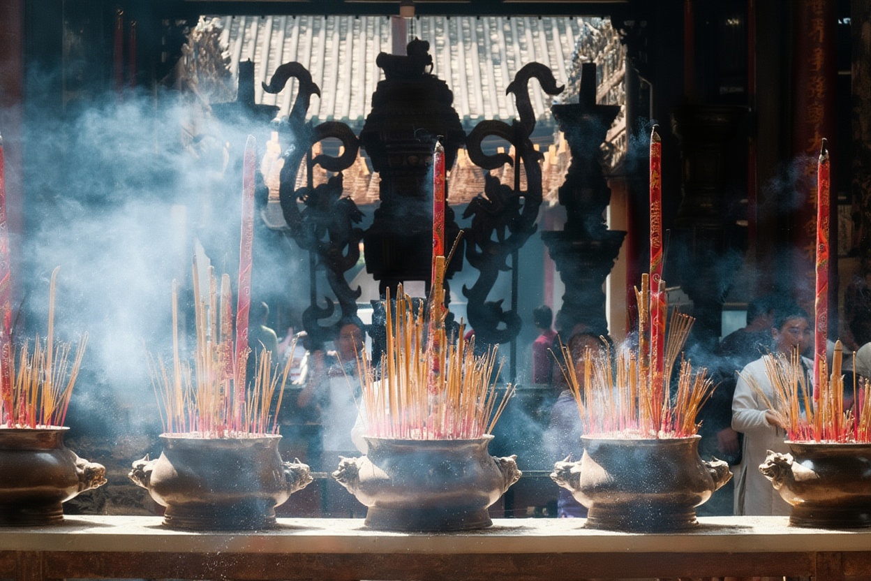 Phước Kiến Assembly Hall — incense smoke, red lacquer, still actively used for worship