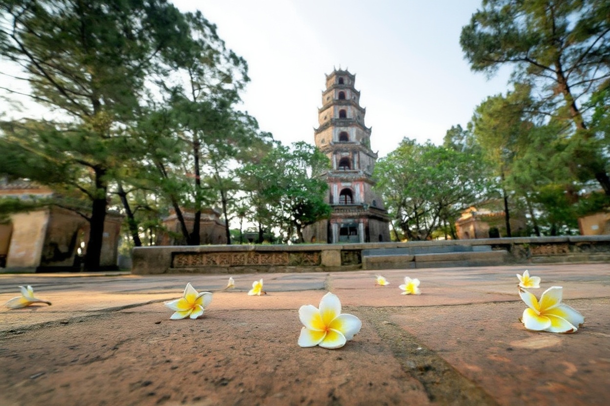 Thien Mu Pagoda rising above the Perfume River — active monastery, free entry