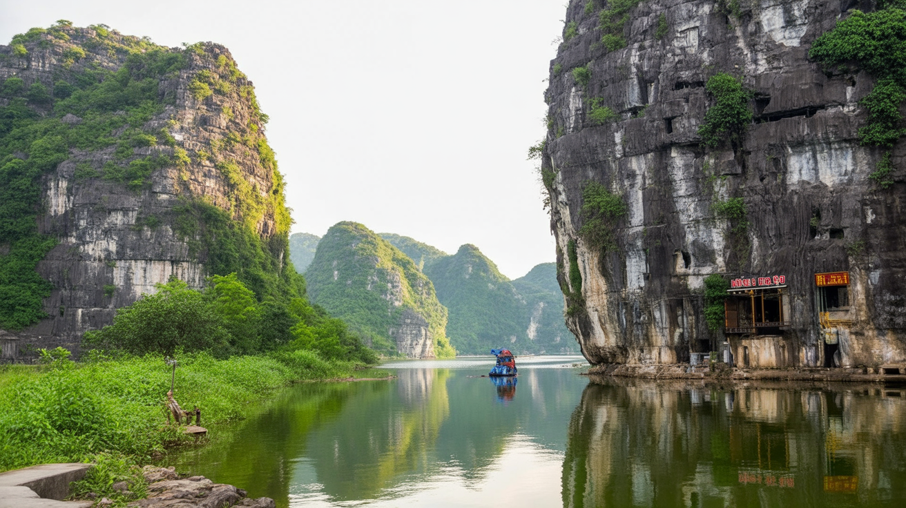 Trang An by rowboat — the rower uses her feet on the oars through three cave tunnels