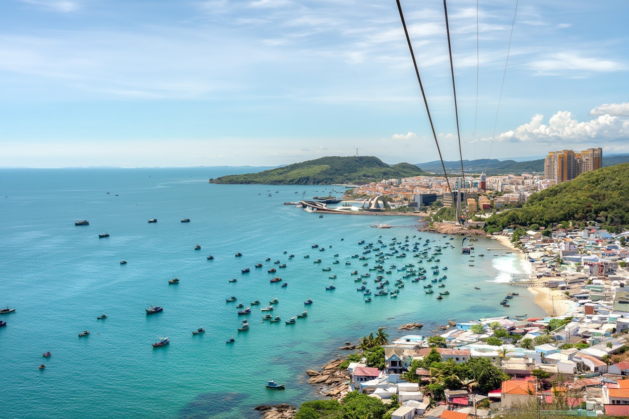Phu Quoc from the air — the island's west coast resort strip visible from descent into PQC airport