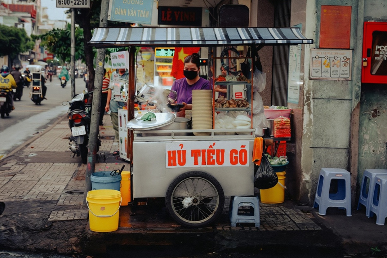 Hủ tiếu — lighter broth than phở, more layered toppings