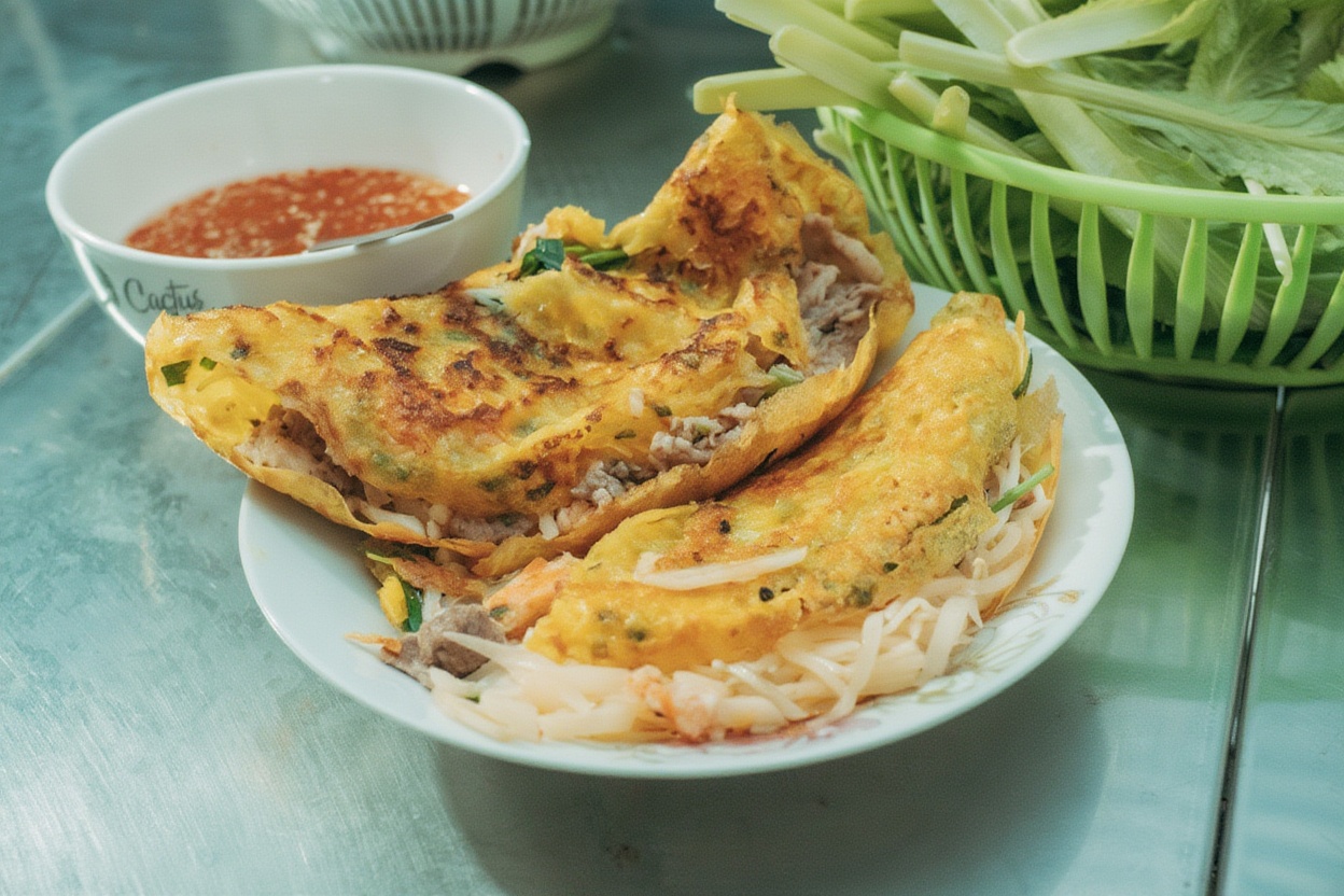Bánh xèo fresh off the wok — tear, wrap, dip, eat fast