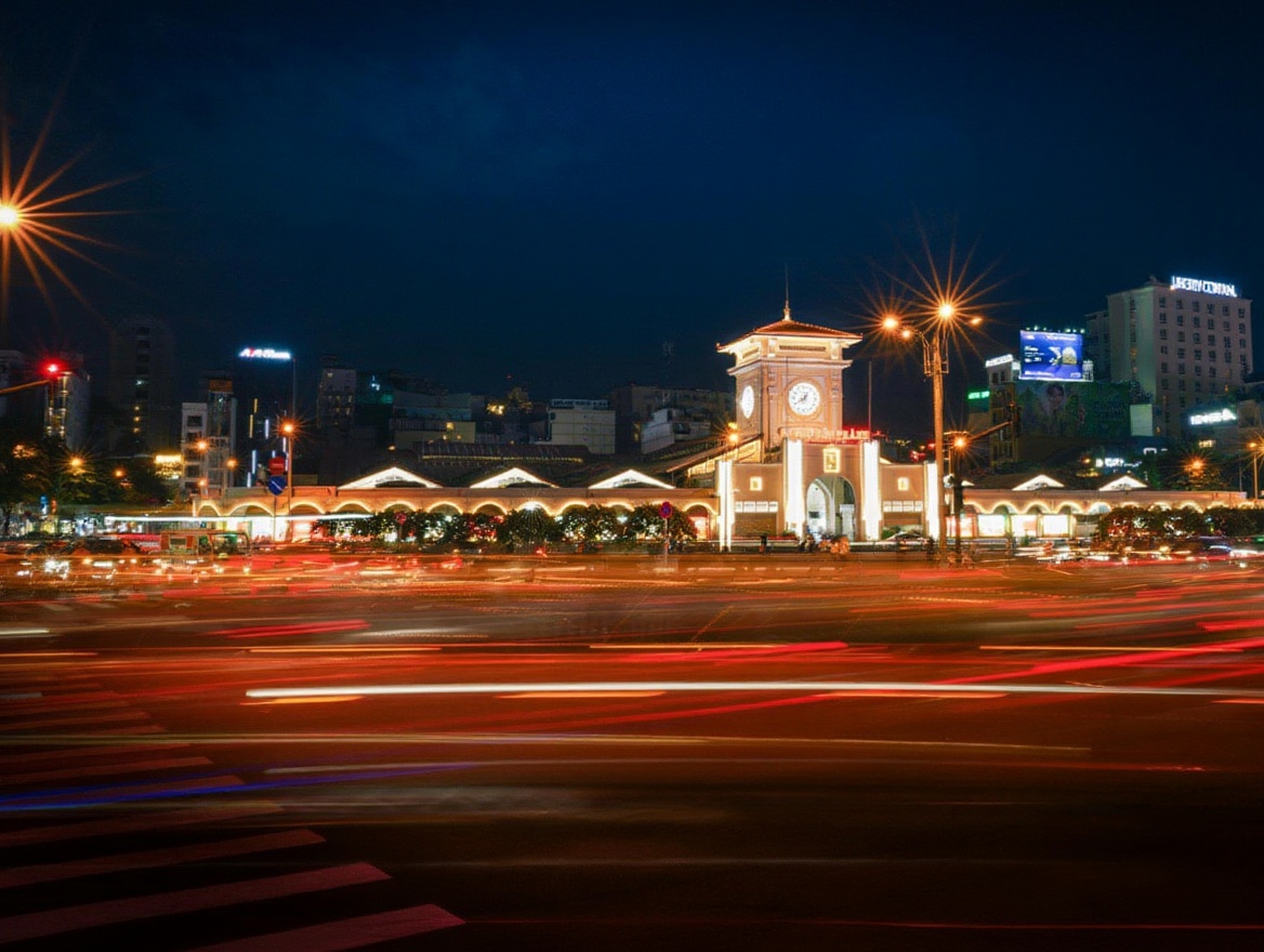 Ben Thanh Market at dusk — the day market transitions to the outdoor night market stalls when the doors close