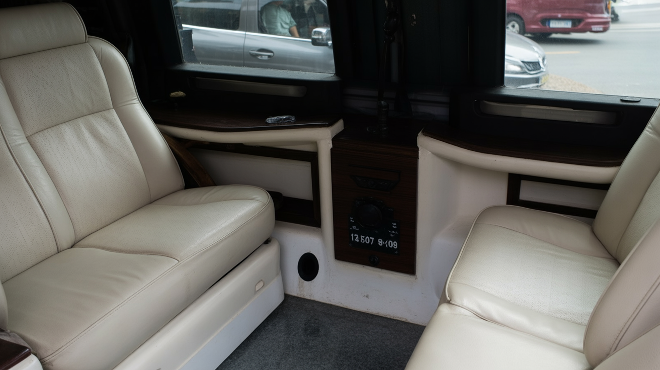 VIP limousine van interior — individual seats, charger, actual leg room