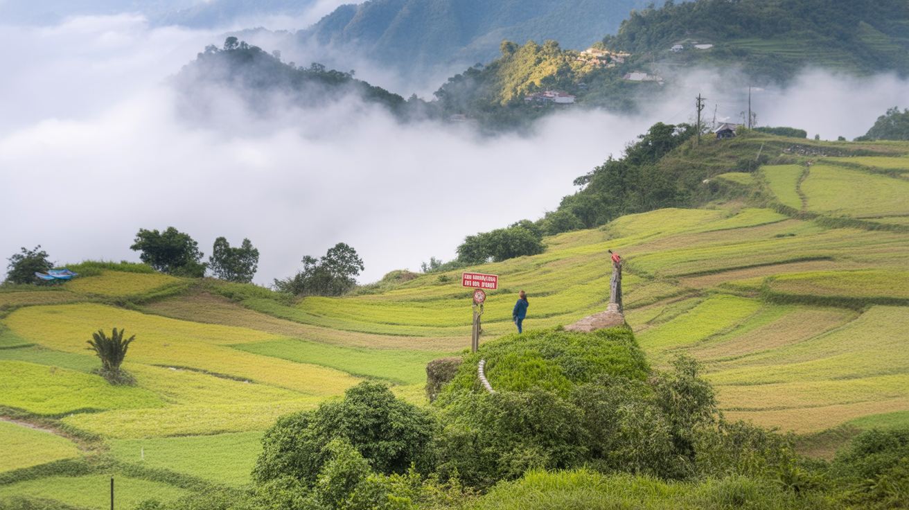 Above the valley, looking back — the road curves here give the widest terrace views