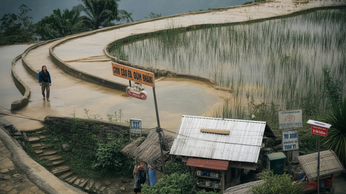 Working farmland in the Muong Hoa Valley — active community, not a set piece