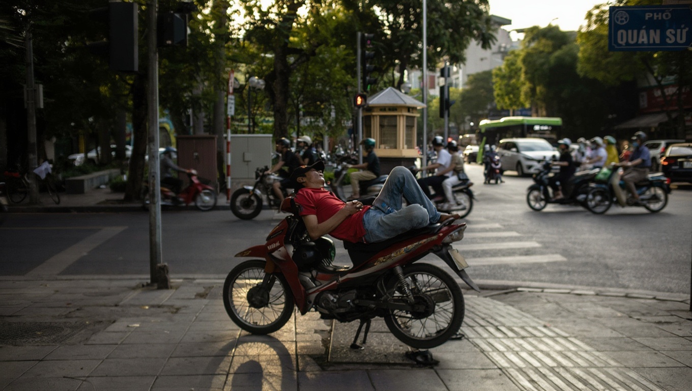 Hanoi in August — the heat index regularly hits 40°C on still days