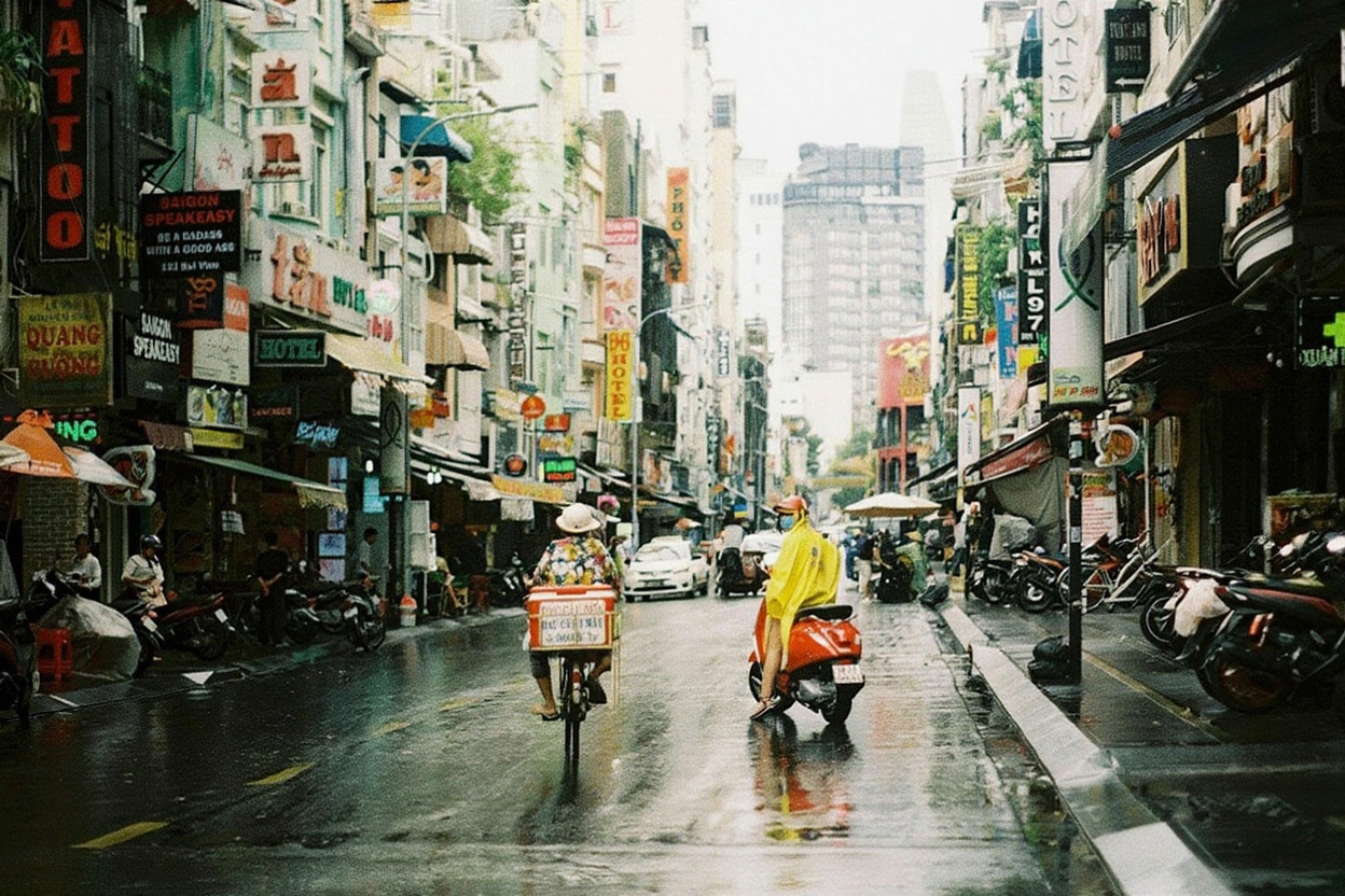 Saigon in September monsoon — the city works around the rain rather than waiting for it