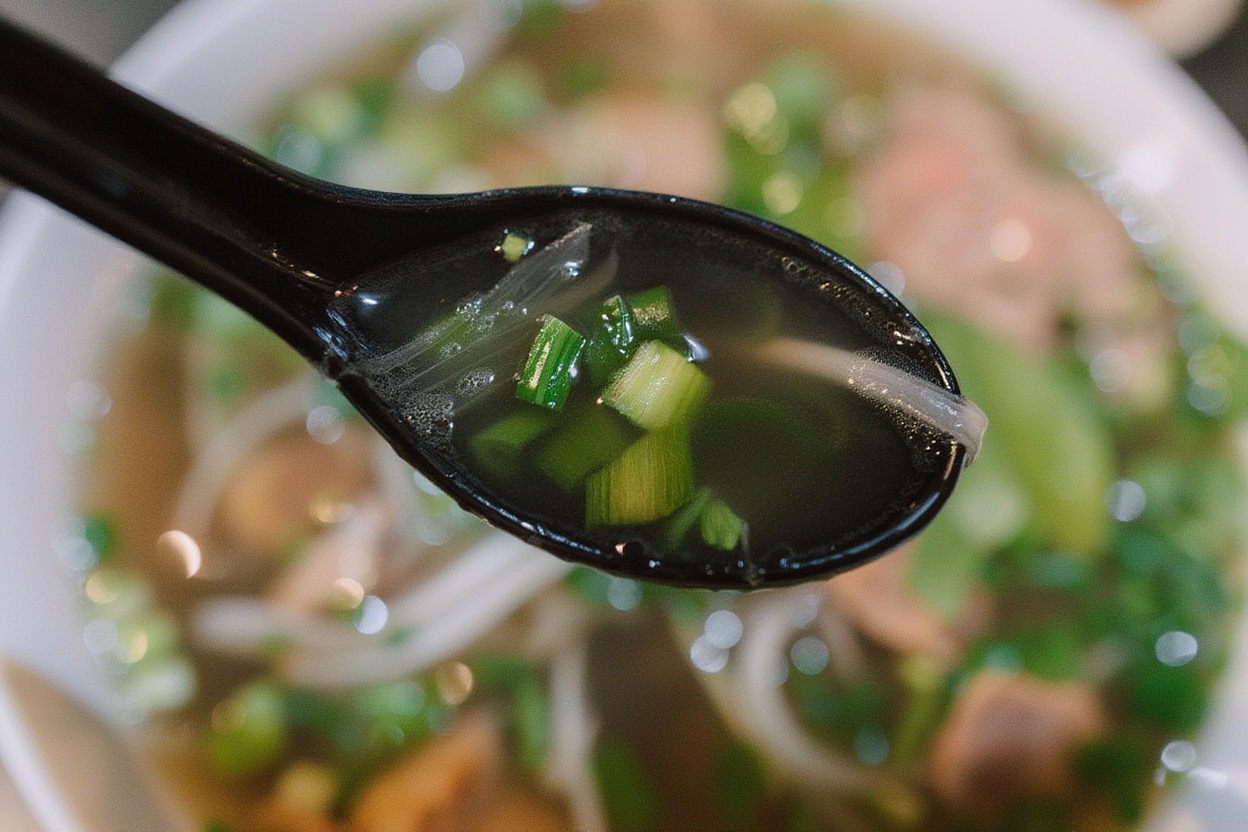 The correct form — chopsticks in the dominant hand, soup spoon in the other, simultaneously