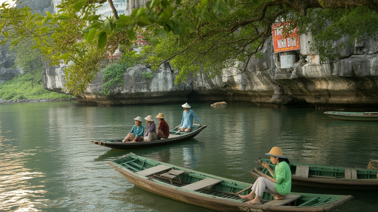 Trang An — rowing through three caves at water level, rower handling the oars with their feet