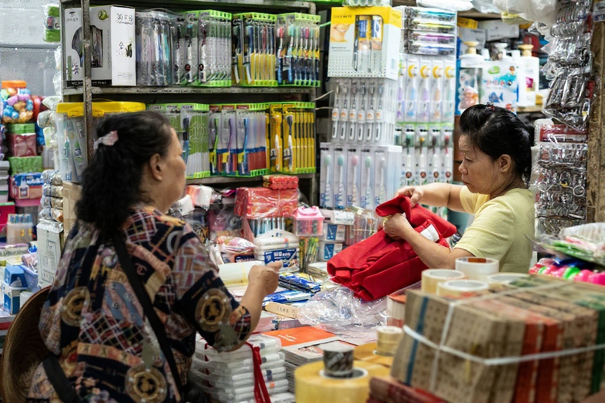 Dong Xuan Market interior — wholesale on the upper floors, produce and street food at the base