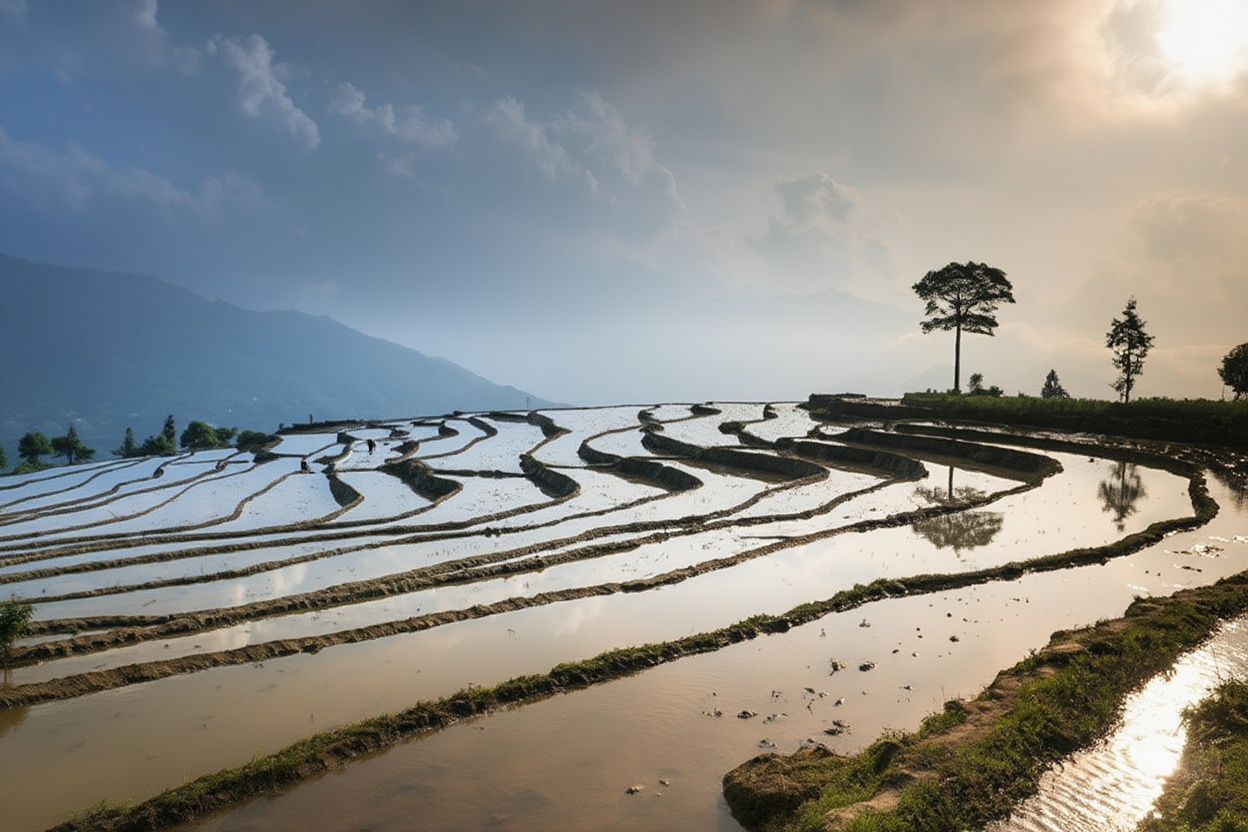 Water season in June — the terraces as mirrors before the planting begins