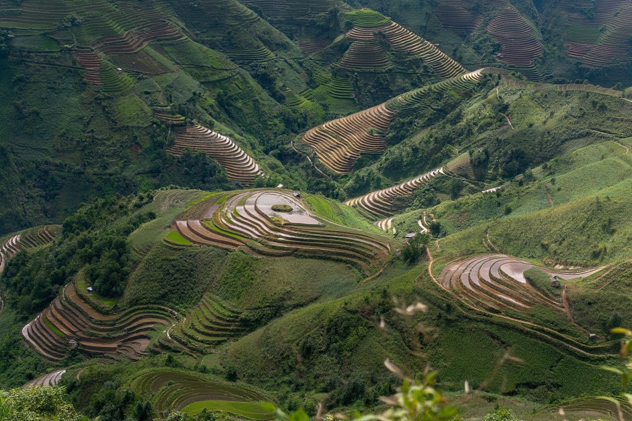 The three terrace communes — La Pan Tán on the right, Che Cu Nha valley on the left