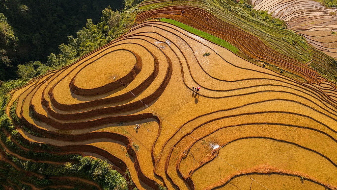 The three seasons side by side — water reflection, green growth, golden harvest