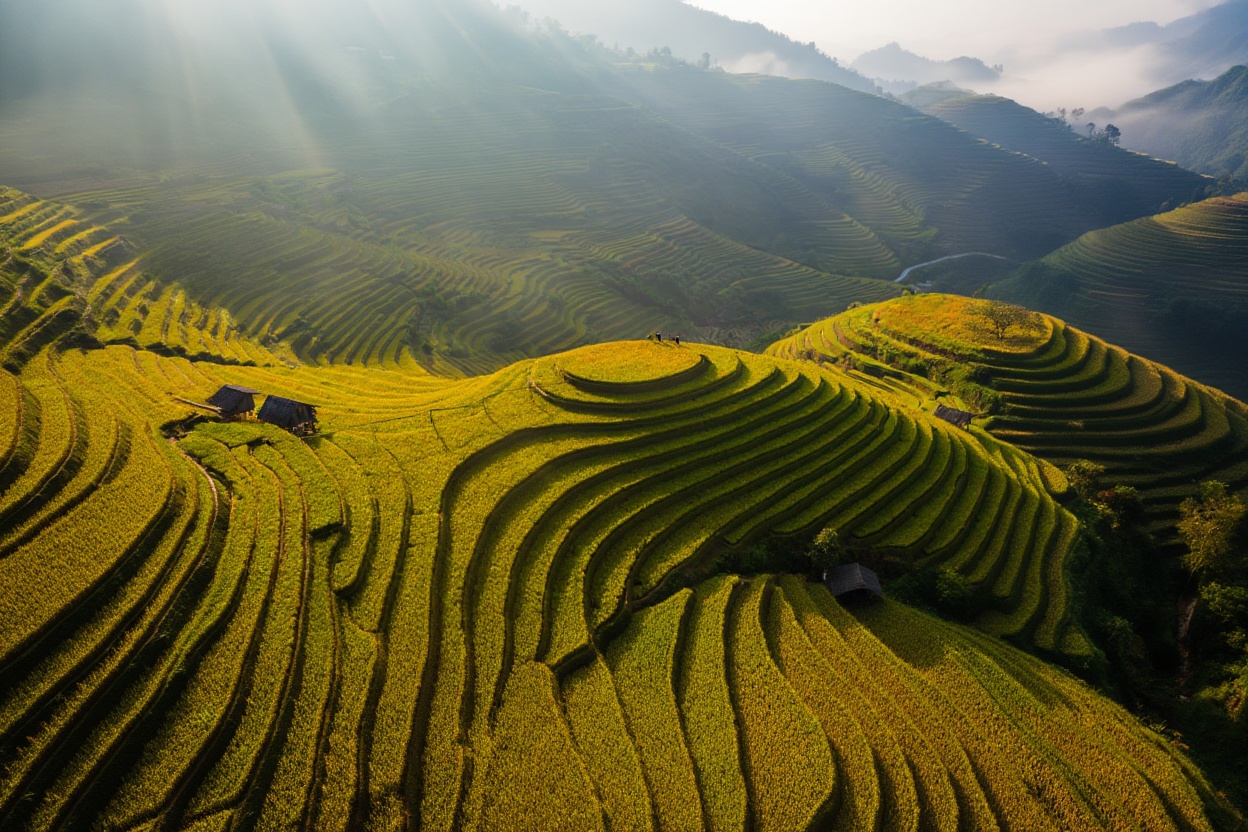 Mâm Xôi at harvest — the mist dissolves as the sun rises over the ridge behind you
