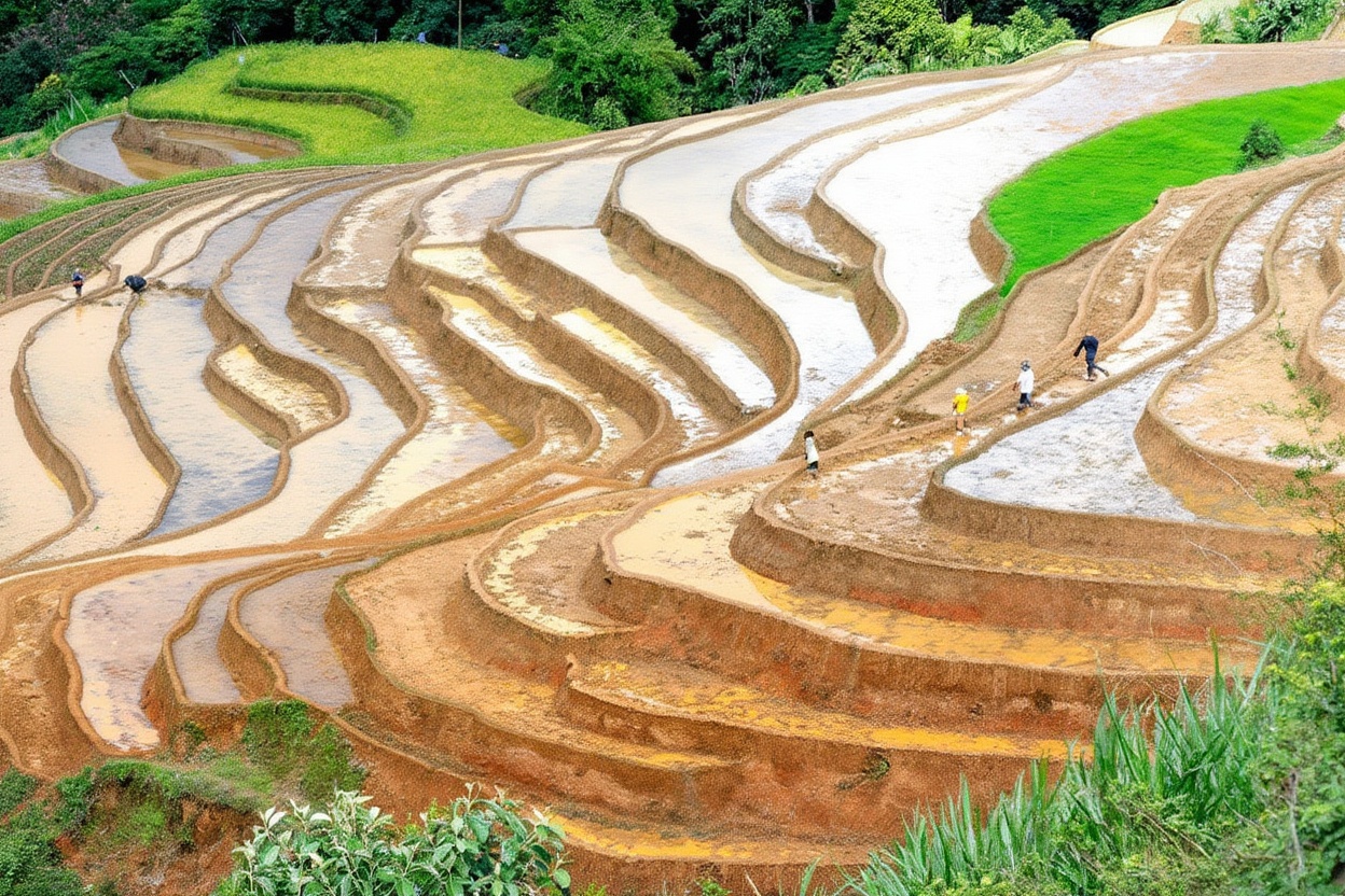 Walking the irrigation paths in Che Cu Nha — this is the scale the viewpoint doesn't show you