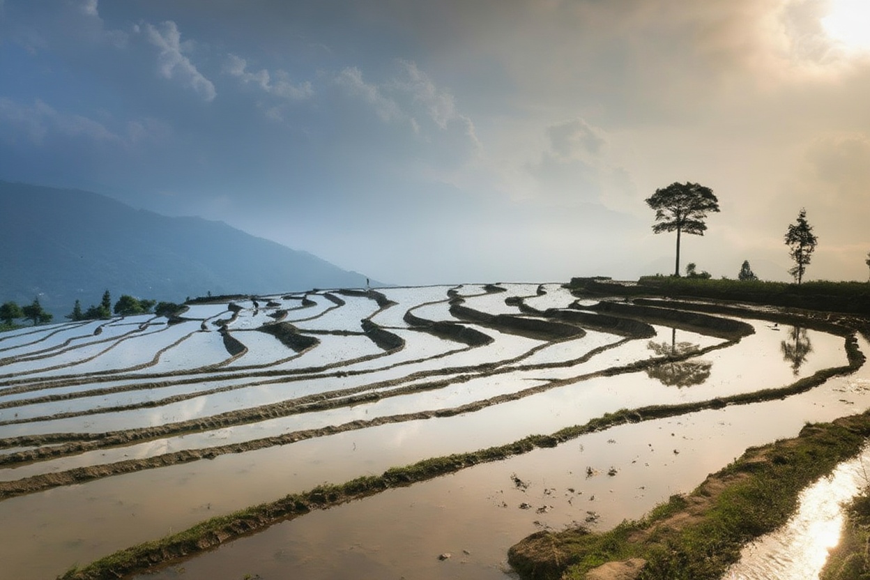 Water pouring season in June — the terraces become mirrors before the planting begins