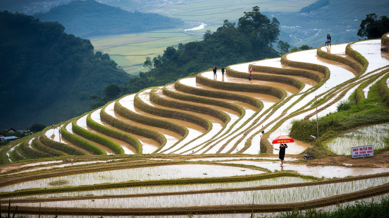 Mâm Xôi Hill at harvest — the rice mound that gives the hill its name is visible in the center