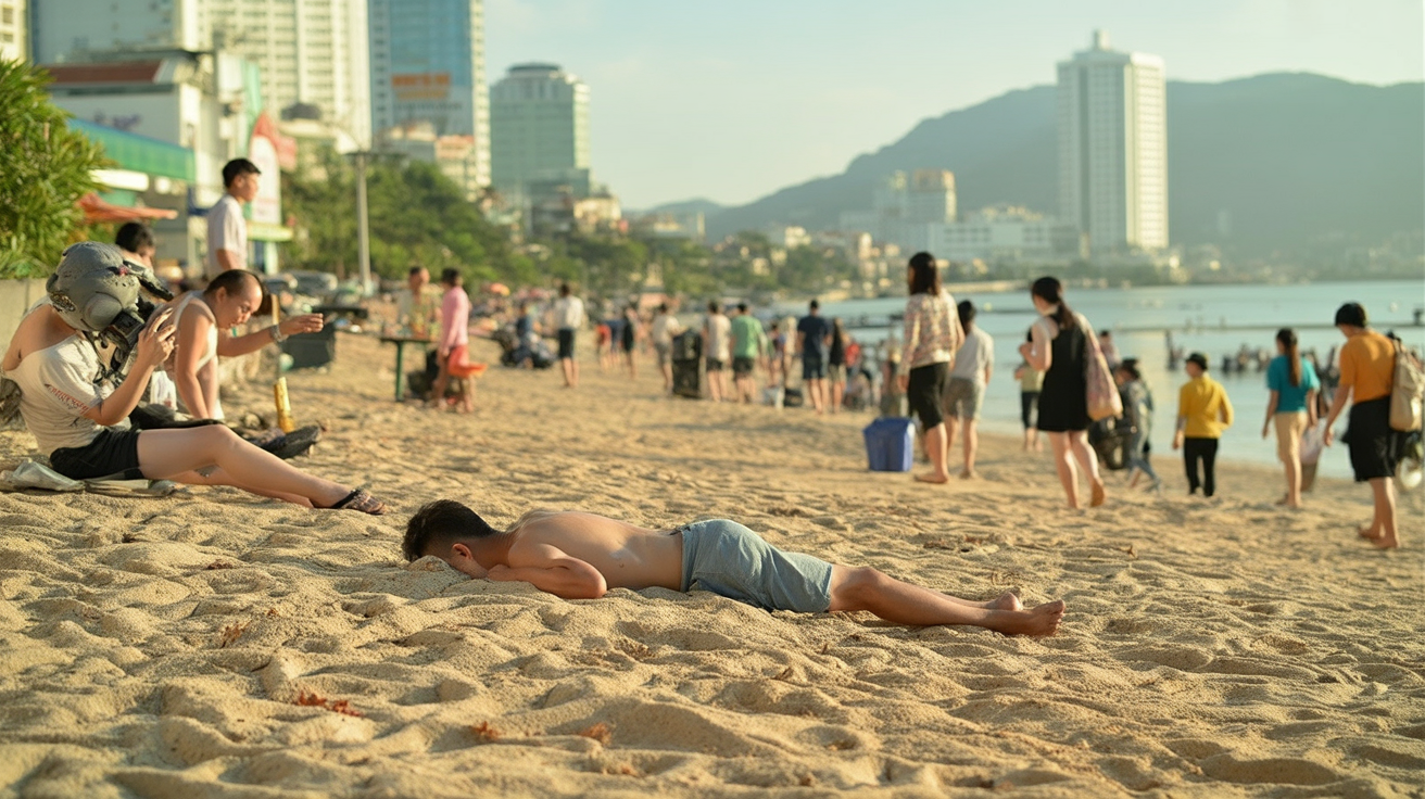 Nha Trang beach in peak season — the opposite of what you'll find 65km south