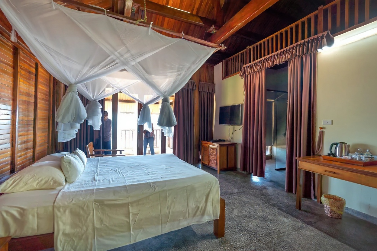 Mosquito nets in budget guesthouses add meaningful protection — use them